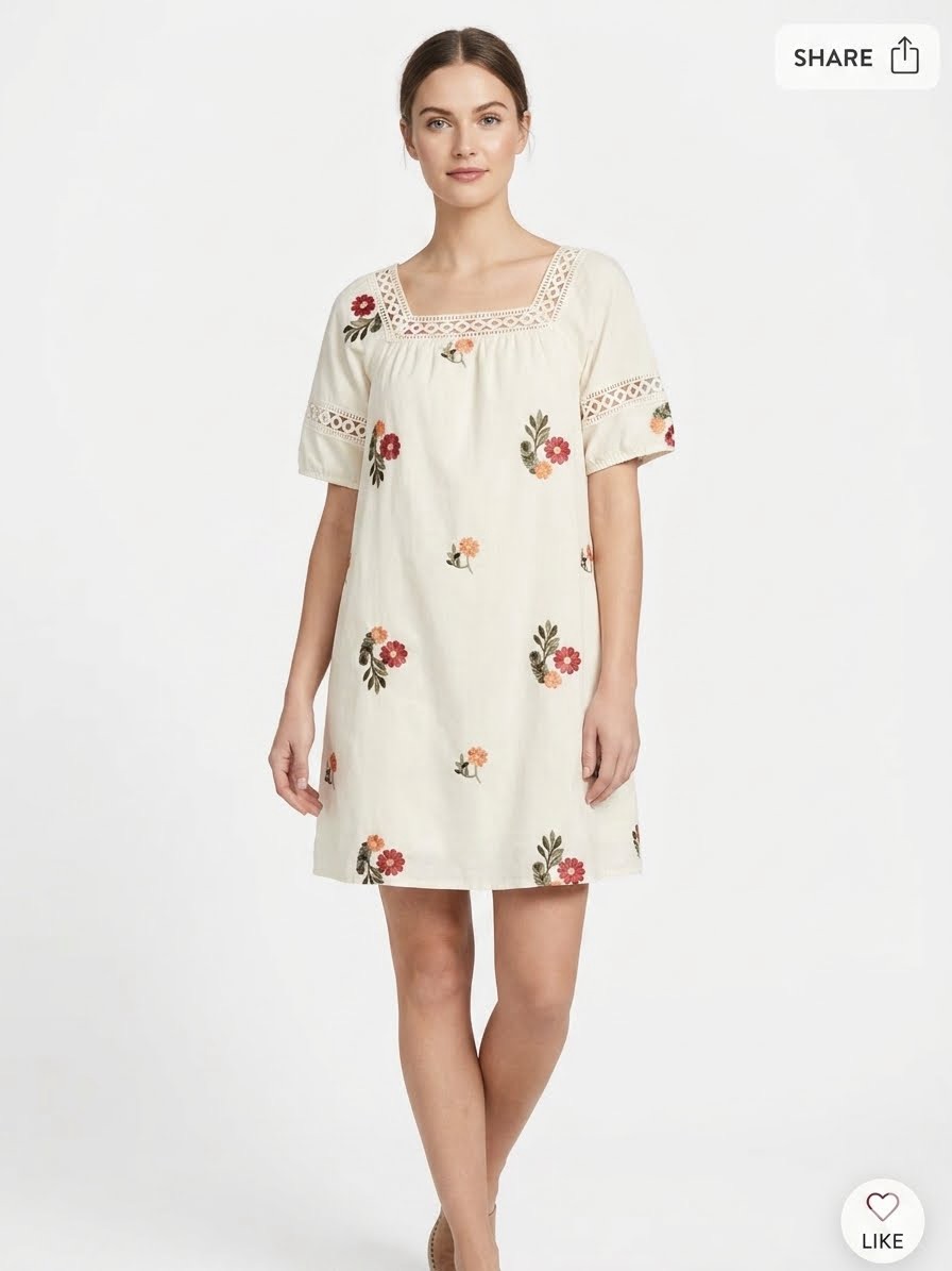 Anthropologie Kindred Cream Shift Dress With Red & Pink Floral Embroidery
